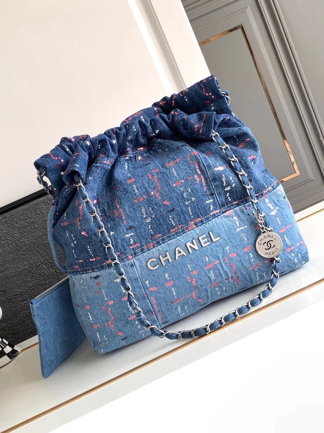 Chanel Women's Bag Top version 【Super Original Leather】l/Small23A Handmade Embroidered Sequins22bag Denim Garbage Bag Small Size Medium Size22bag Handbag New Denim Denim Garbage Pack Tote Bag Shopping Bag Bucket Bag Messenger Bag Handbag Shoulder Bag New