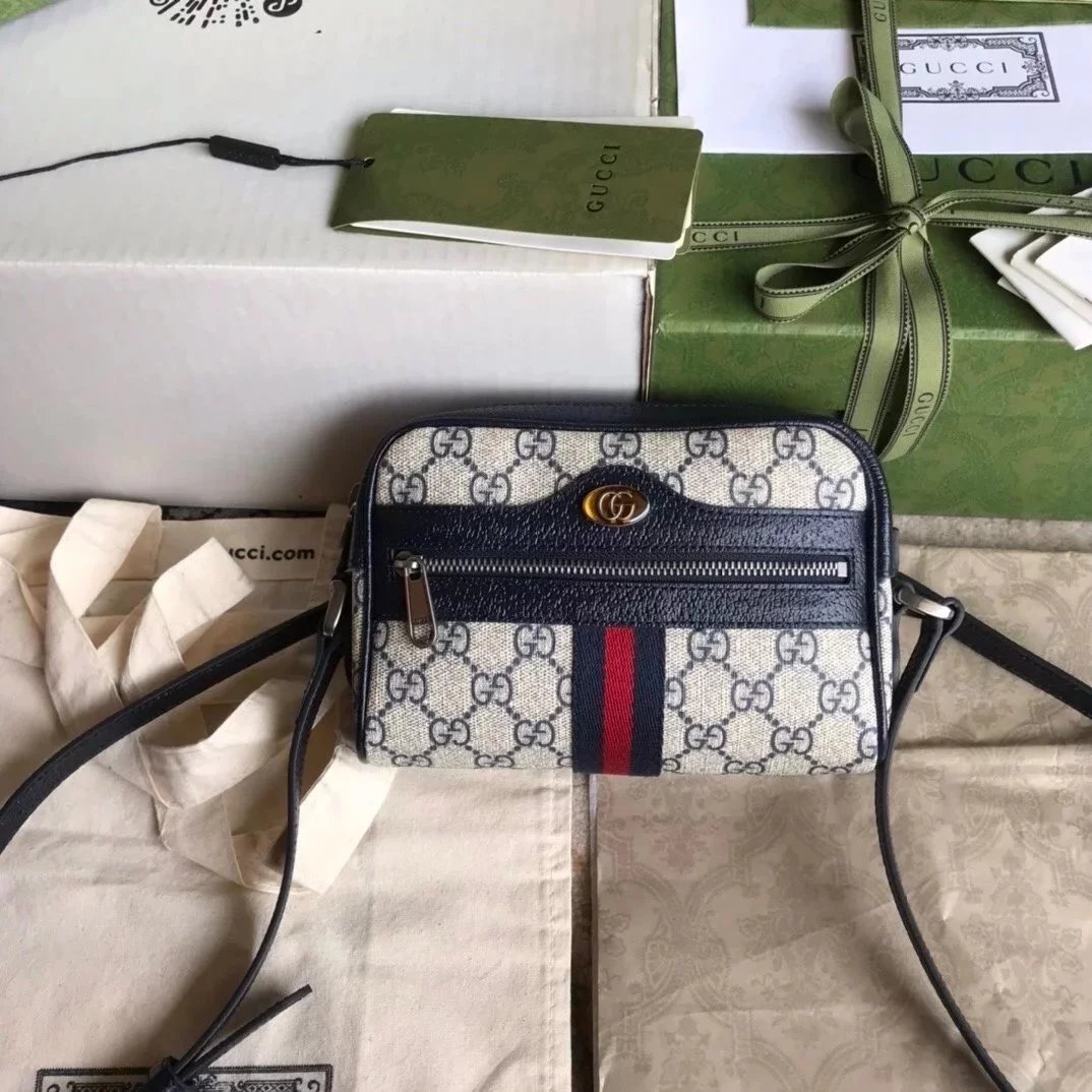 Gucci Women's Bag Top version 【Original Leather】2022New Navy Blue Ophidia Series Blue Presbyopic Cowhide Clutch Camera Bag mini Crossbody Bag Waterproof Fabric Men's and Women's Bags598127517350598234