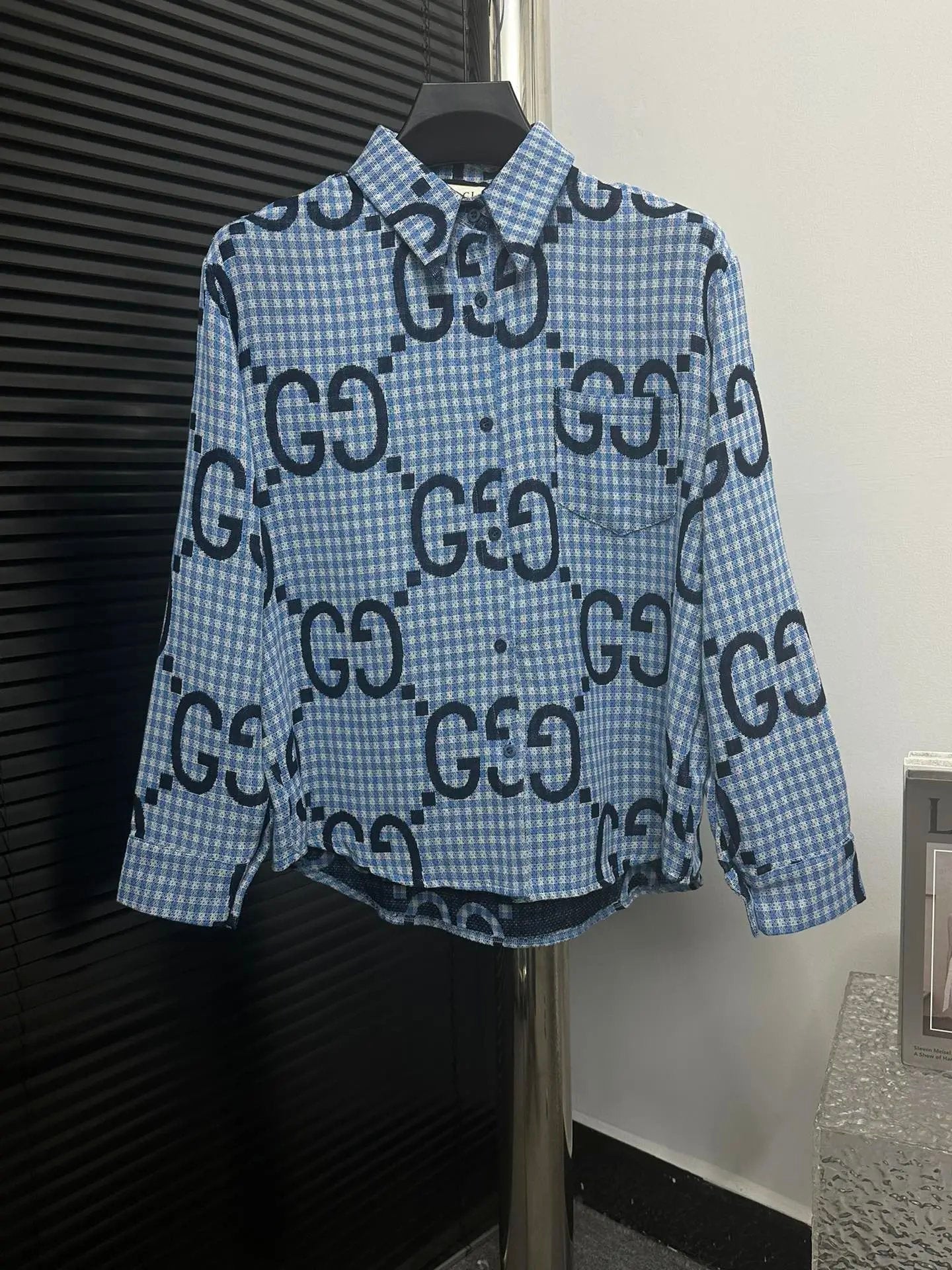 Gucci Jackets Blue Plaid Cotton Linen Jacquard Long Sleeve Shirt Unisex Versatile Business Casual Slim Fit Jacket