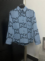 Gucci Jackets Blue Plaid Cotton Linen Jacquard Long Sleeve Shirt Unisex Versatile Business Casual Slim Fit Jacket