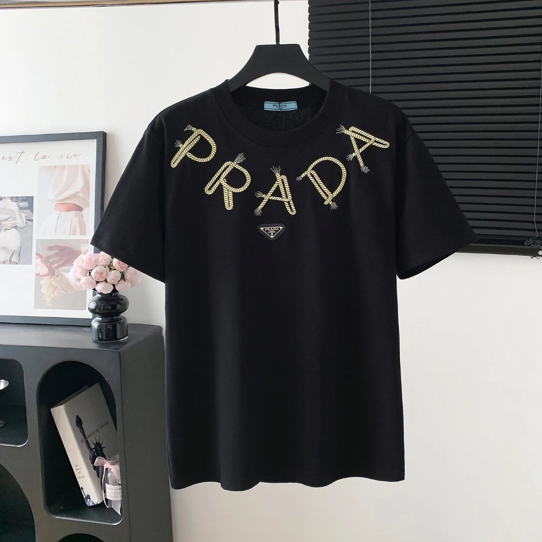 PRADA T-shirt Chest Brand Letter Embroidery logo round Neck Short Sleeve25ss New Pure Cotton Unisex Style T T-shirt OS Loose Fit Base Shirt Half Sleeve T-Shirt Top Half Sleeve