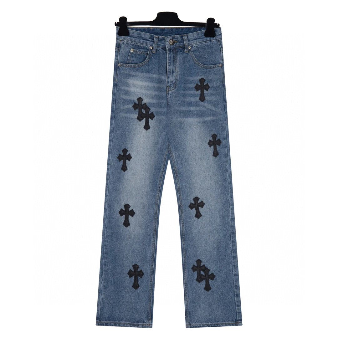 Chrome Hearts Jeans Front and back black cross patch leather logo25ss Spring Summer New Straight Leg Jeans Unisex Slim Fit Long Pants Loose