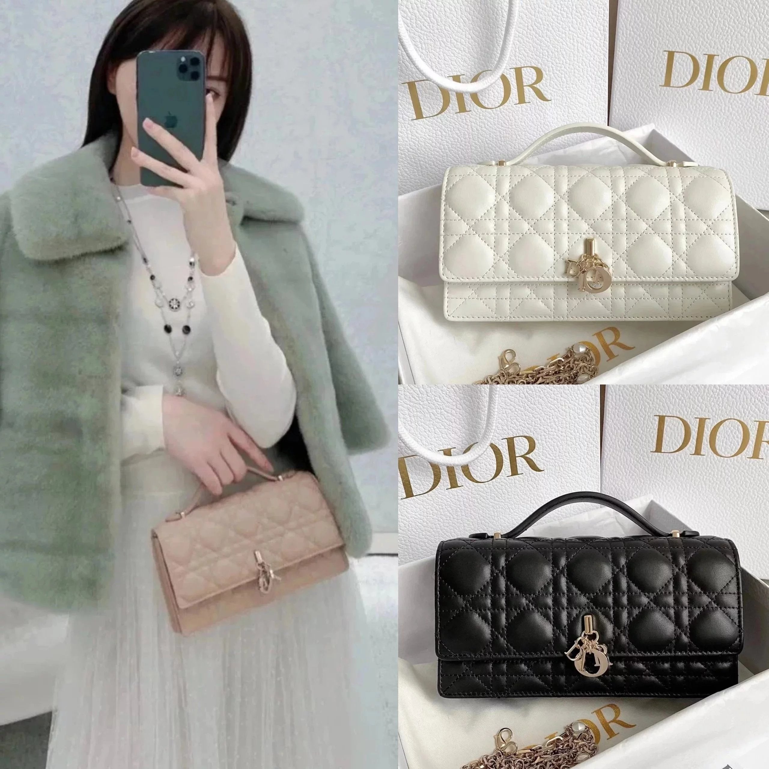 Dior Women's Bag Top version Grade Surrogate Shopping Original Leather2023New Diamond Plaid Lambskin LADY Handbag Pearl Chain Shoulder Crossbody Women's Bag Clutch