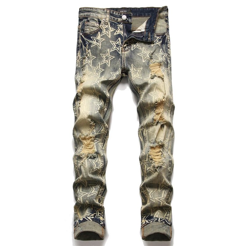 Amiri Jeans New Foreign Trade Style Fashion Blue with Holes Paste Cloth Embroidery Elastic Mid-Waist Feet Men's Jeans