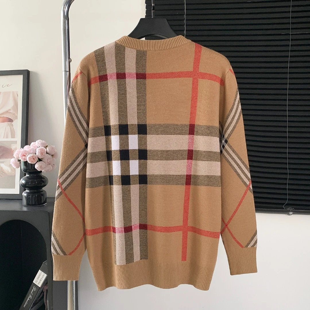 Burberry Sweater Plaid Color Block Crew Neck Sweater Unisex Long Sleeve Pullover Unisex Thickened OS Loose Fit Top Versatile Casual Jacket