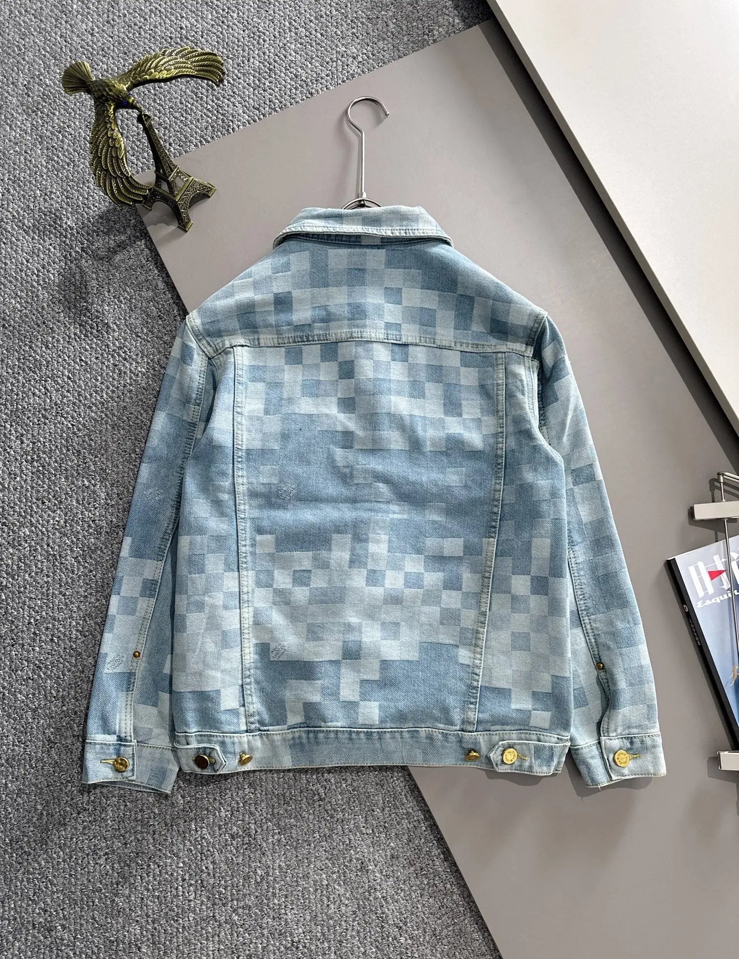 Louis Vuitton LV Jackets Checkerboard Denim Jacket Fashion Simple Heavy Casual Short Denim Unisex Washed Vintage Turn-down Collar Jacket