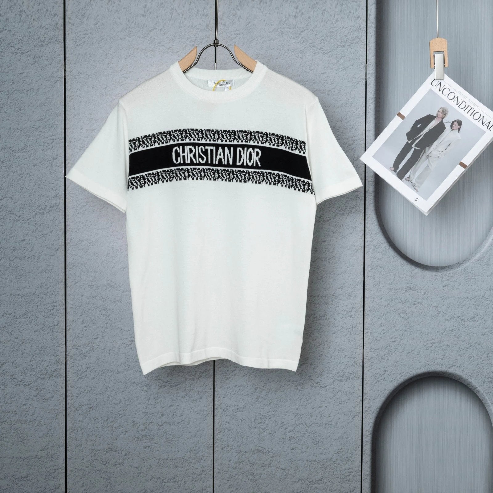 Dior T-shirt Chest Horizontal Color Block Jacquard logo round Neck Short Sleeve25ss New Pure Cotton Unisex Style T Casual T-Shirt Base Layer Shirt OS Loose Fit Half Sleeve Top Plus Size