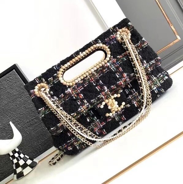 Chanel Women's Bag Top version 【High Version】CHANEL/23A High-End Handmade Workshop Green Tweed Pearl Wooden Bead Chain Bag Home New Portable Pearl Briefcase Pearl Bag Woolen Pearl Tote Clutch Dinner Bag Folding Bag