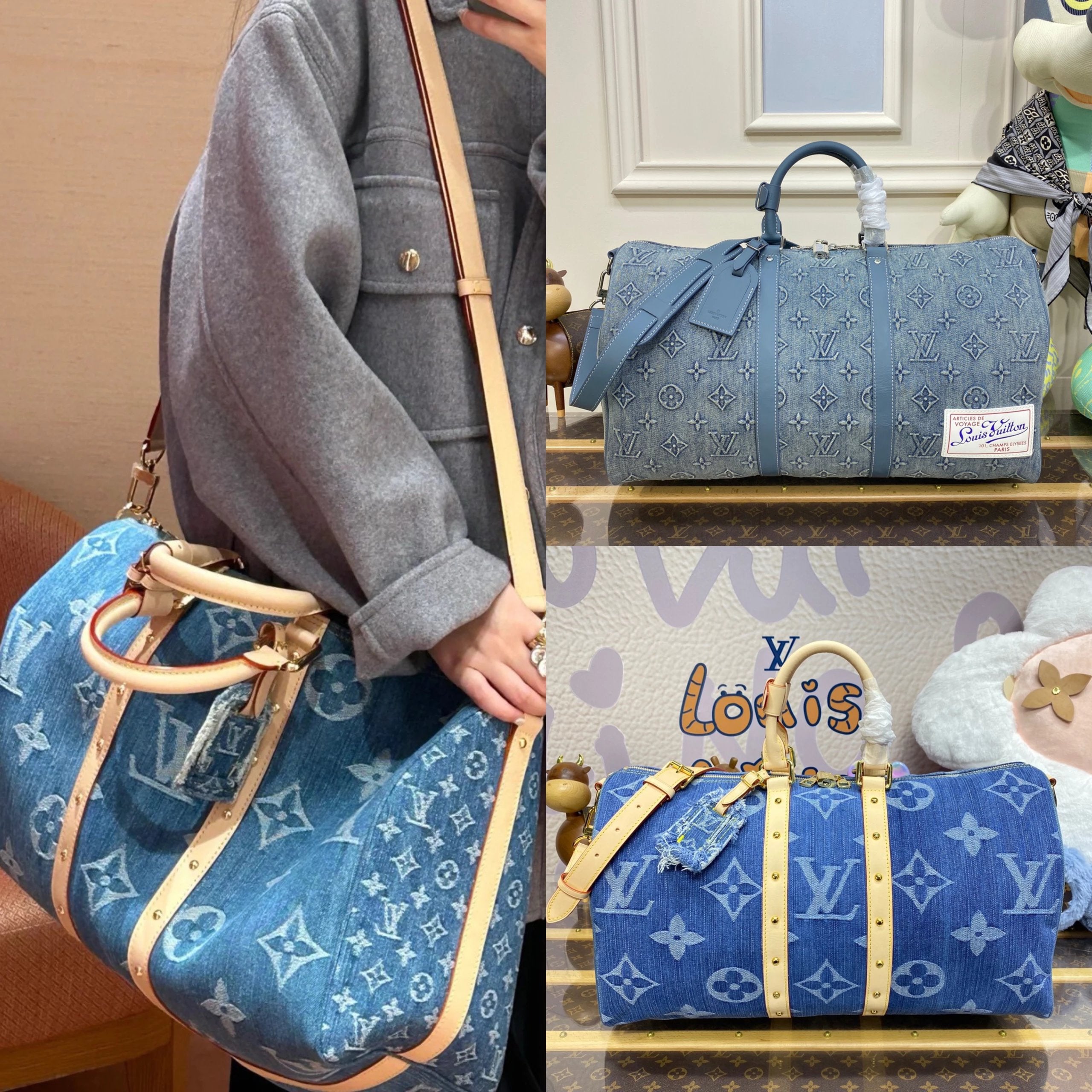 Louis Vuitton LV Travel Bag Top version New Blue Color Denim Denim Embossed Travel Bag Men's Portable Travel Bag Luggage Bag Crossbody Shoulder Men's Bag24New Denim Denim Travel Bag45cm