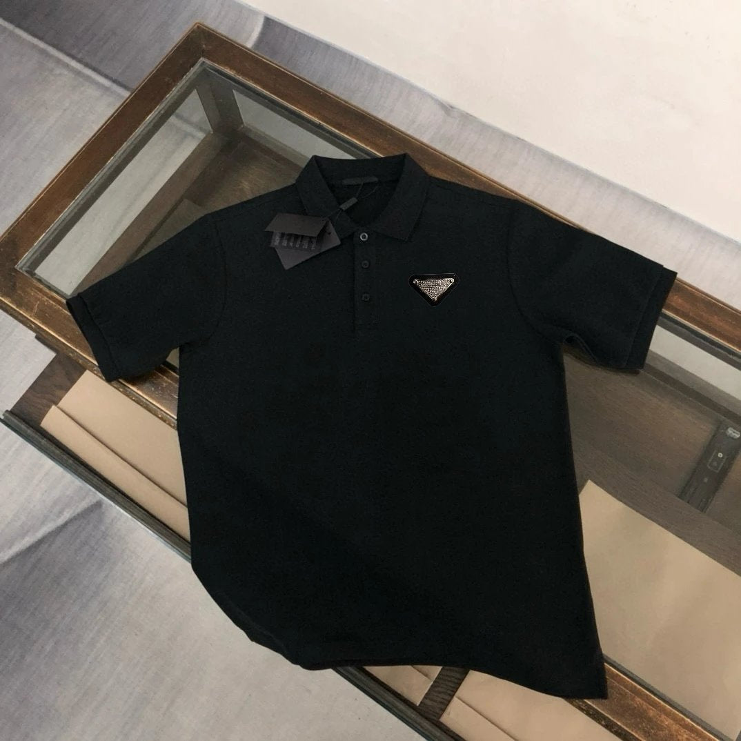 PRADA T-shirt Front Rhinestone Triangle Badge logoPOLO Shirt Lapel Short Sleeve25ss New Unisex Summer Short Sleeve OS Loose T Business Half Sleeve Shirt Plus Size T-Shirt