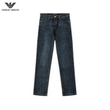 Armani Jeans Back Waist Leather Tag logo Straight Washed Blue Jeans Autumn Winter New Unisex Loose Casual Wide Leg High Waist Pants