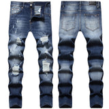 Amiri Jeans New Foreign Trade Style Fashion Blue with Holes Paste Cloth Embroidery Elastic Mid-Waist Feet Men's Jeans