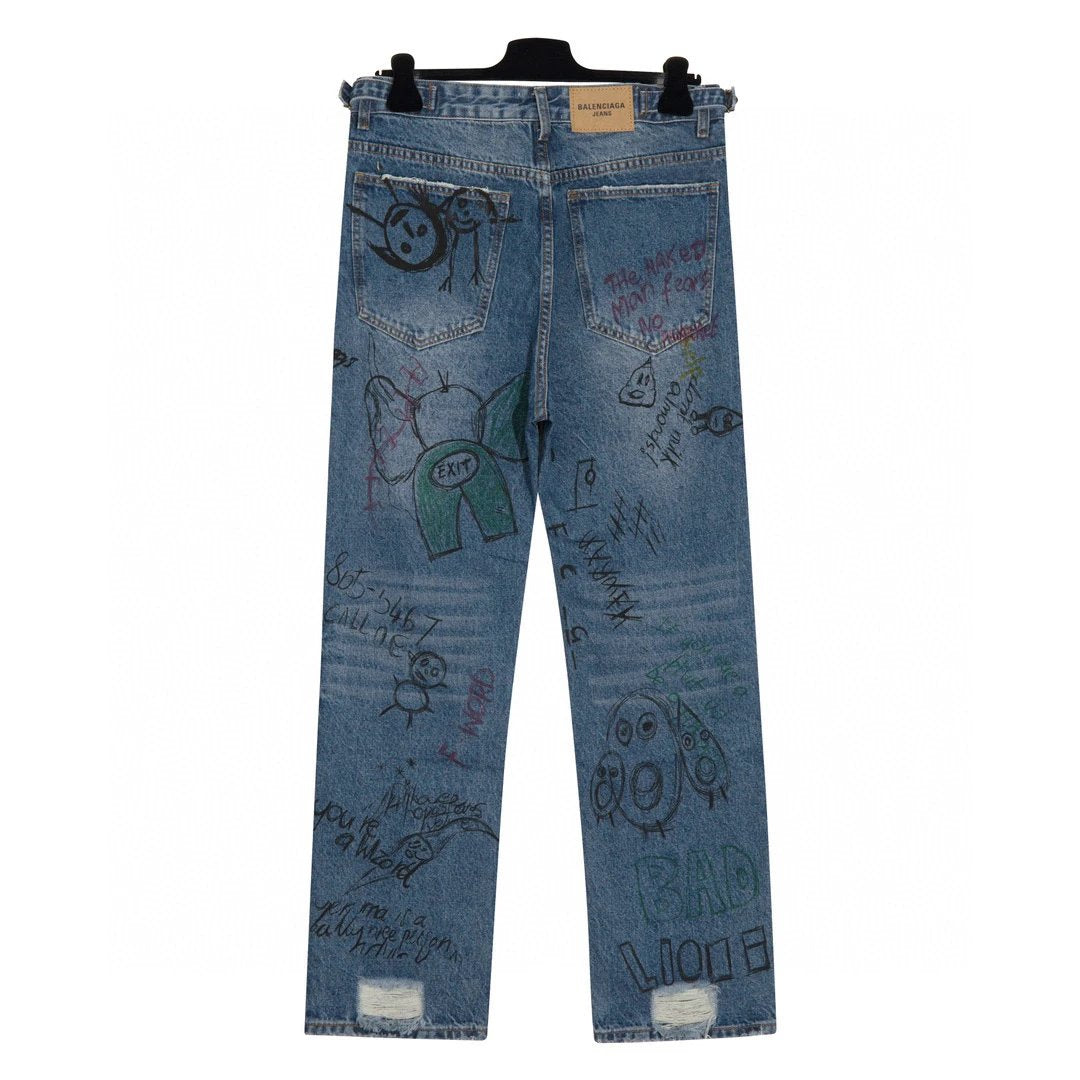 Balenciaga Jeans Full Print Graffiti Design logo25ss Spring Summer New Straight Leg Jeans Unisex Slim Fit Long Pants Loose