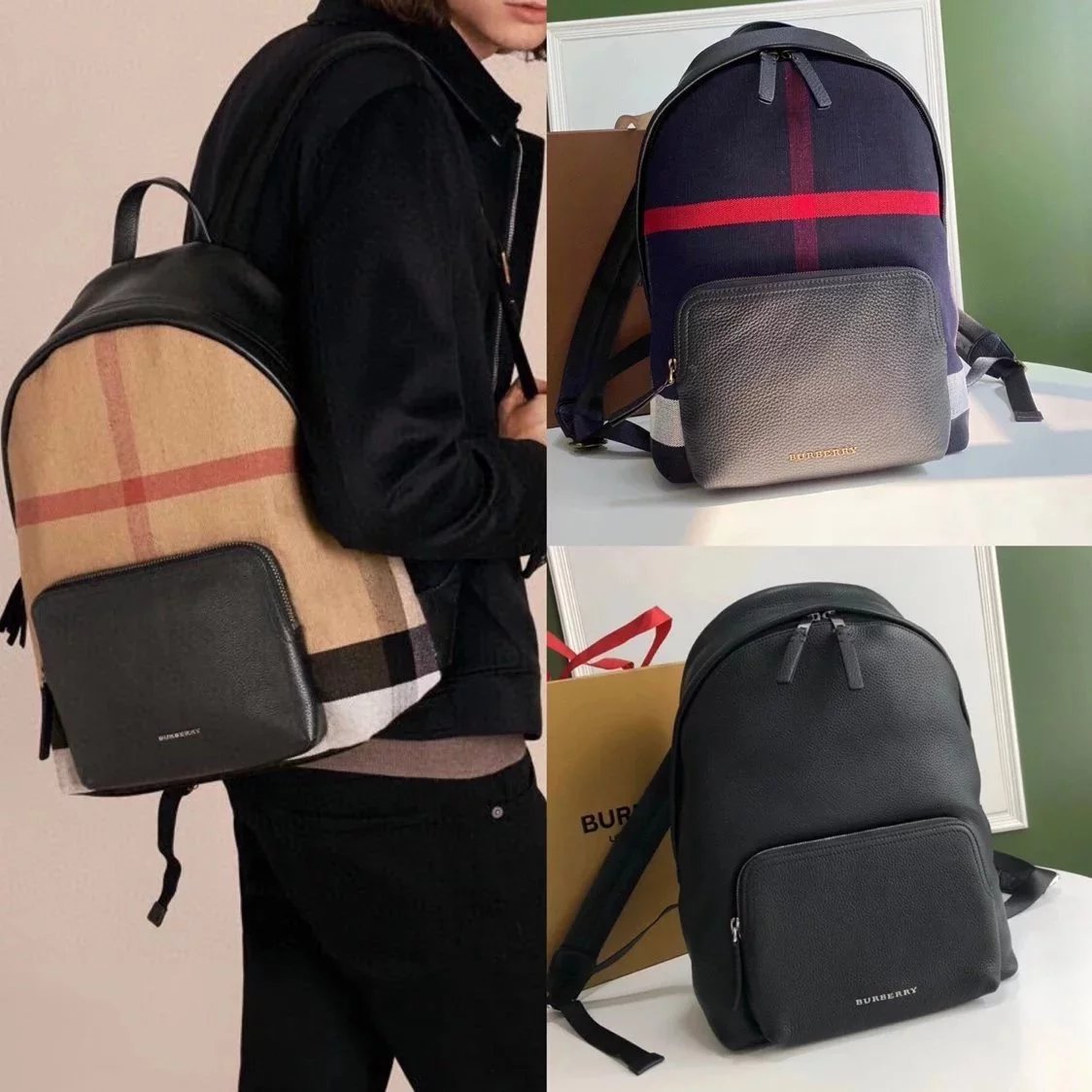 Burberry backpack Top version Original New Product Canvas Plaid Backpack Cowhide Stitching Canvas Backpack Classic Schoolbag Travel Bag Handbag