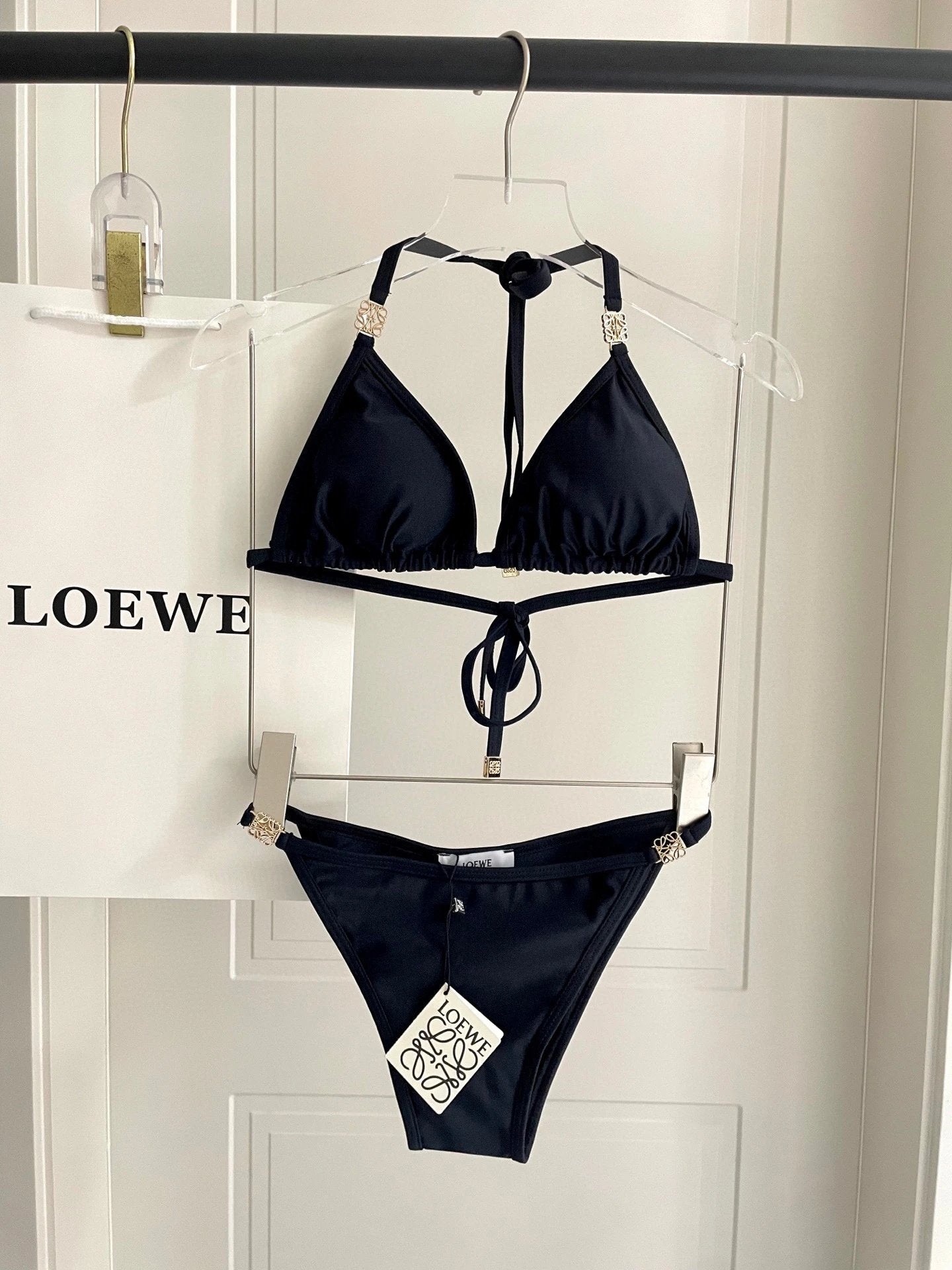 LOEWE Swimsuit Brand Logo Bikini Two-Piece Swimsuit Sexy Small Chest Gathered Beach Pool Backless White Women's Swimwear Vacation Hot Spring