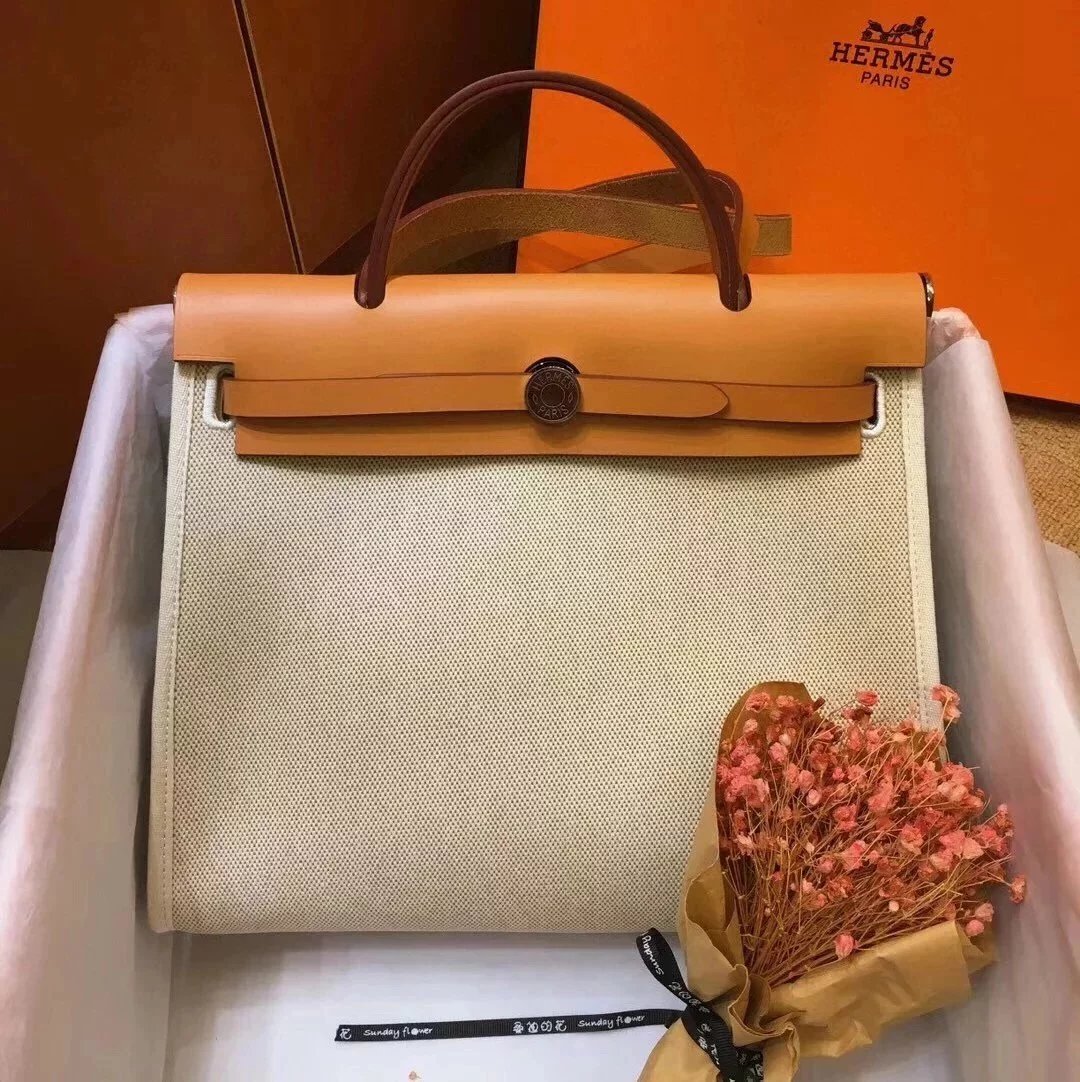 Hermes men's bag Top version 【H Handmade】Canvas Bag herbag31Canvas Stitching Leather One Shoulder Women's Crossbody Handbag Elephant Gray Electric Light Blue