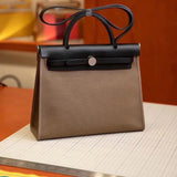 Hermes men's bag Top version 【H Handmade】Canvas Bag herbag31Canvas Stitching Leather One Shoulder Women's Crossbody Handbag Elephant Gray Electric Light Blue