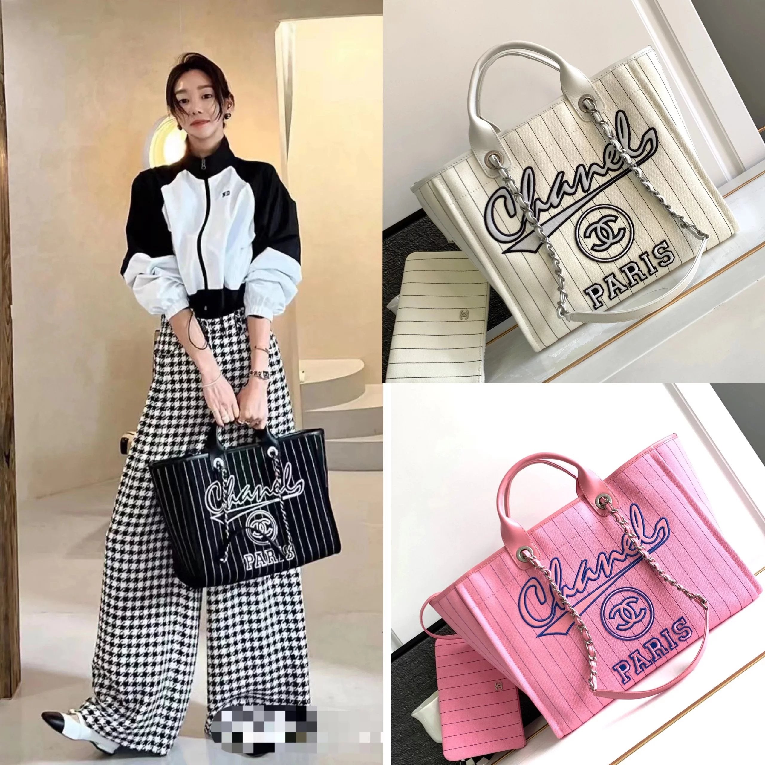 Chanel Women's Bag Top version 【Super Original Factory】Ohanel Home23P Shopping Bag Beach Bag Vertical Stripes23P Hot Sale of Elements Naini Goose Beach Bag Mummy Bag Shopping Bag Tote Bag Women's Bag Tote Shoulder Bag Handbag New Beach Bag Large38cm Mediu