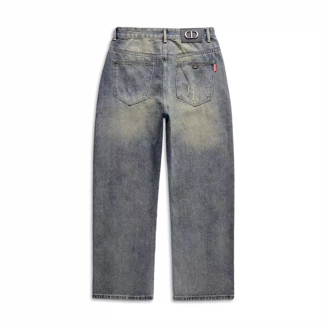 Dior Jeans Back Waist Leather Tag logo Straight Washed Blue Jeans Autumn Winter New Unisex Straight Long Pants Loose Casual Wide Leg High Waist