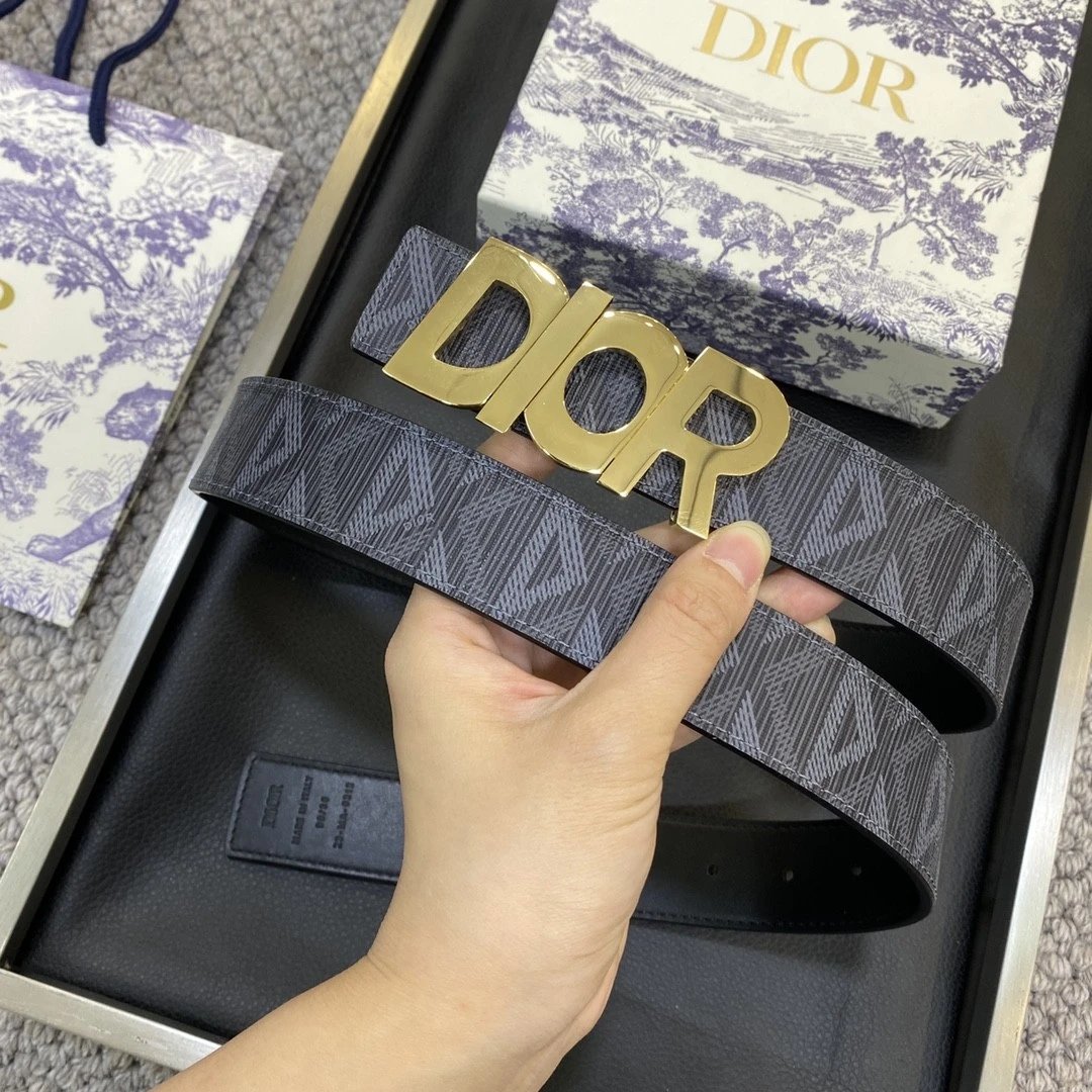 Dior Belt Top version Original Single Original Single Men and Women Universal Belt Width3.5cm Genuine Goods Quality Counter Full Set of Packaging Original Leather Material Classic Presbyopic Full Printed Canvas Full Vertical Surface Calfskin Lychee Patter