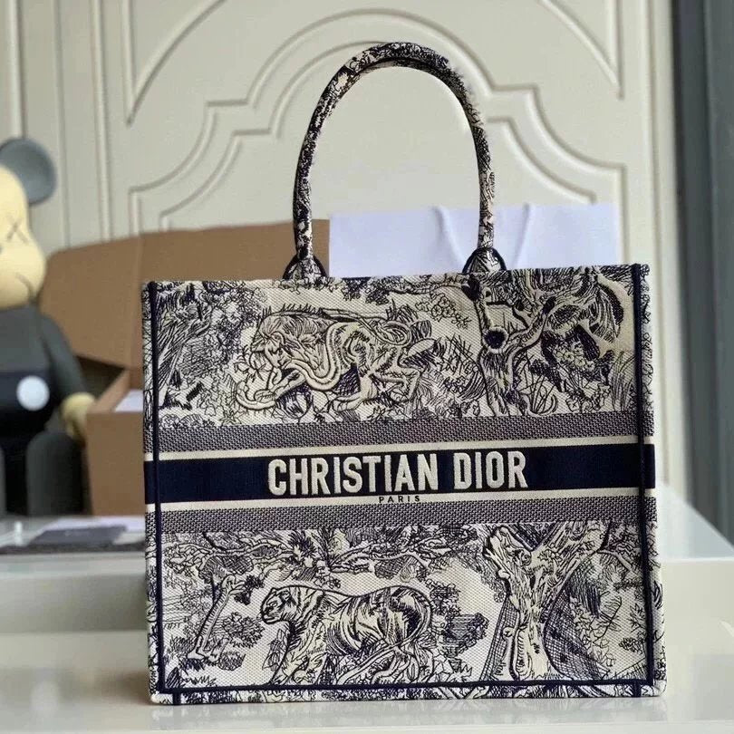 Dior Women's Bag Top version Same Style as Stars2023New Product BookTotemini Tote Bag Houndstooth Mini Small Sized Large Canvas Embroidered Shopping Bag Handbag Shoulder Bag Women's Bag