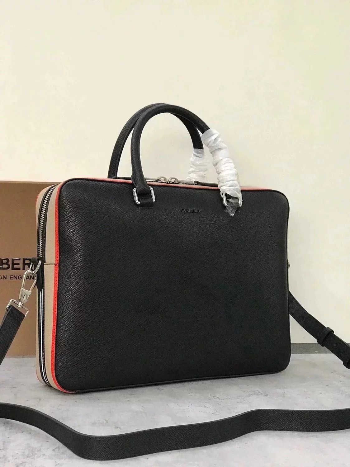 Burberry Men's Bag Top version 【Level Surrogate Shopping】Original Leather Men's Bag Grain Pattern Cowhide Striped Briefcase Can Create Portable Shape Or Use Detachable Strap to Facilitate Shoulder and Shoulder Messenger Laptop Bag