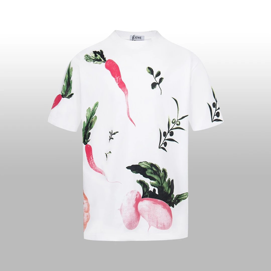 LOEWE T-shirt Front and Back Hand-drawn Vegetable Illustrations logo round Neck Short Sleeve25ss New pure cotton T Unisex T-Shirt OS Loose Fit Base Shirt Top Half Sleeve T-Shirt