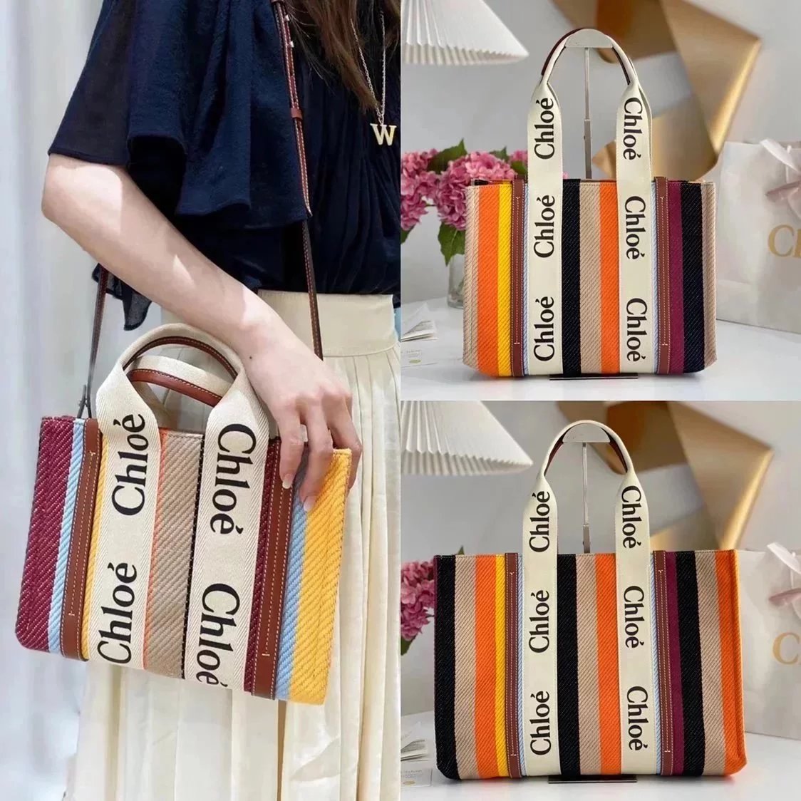 Chloe Bag Top version 【Original Leather】2022S New Rainbow Color Series Woody Handmade Embroidered Tote Bag Tote Bag Shopping Bag Vegetable Basket Bag Small Size Crossbody Bag Mummy Bag Beach Bag woody Tote Bag