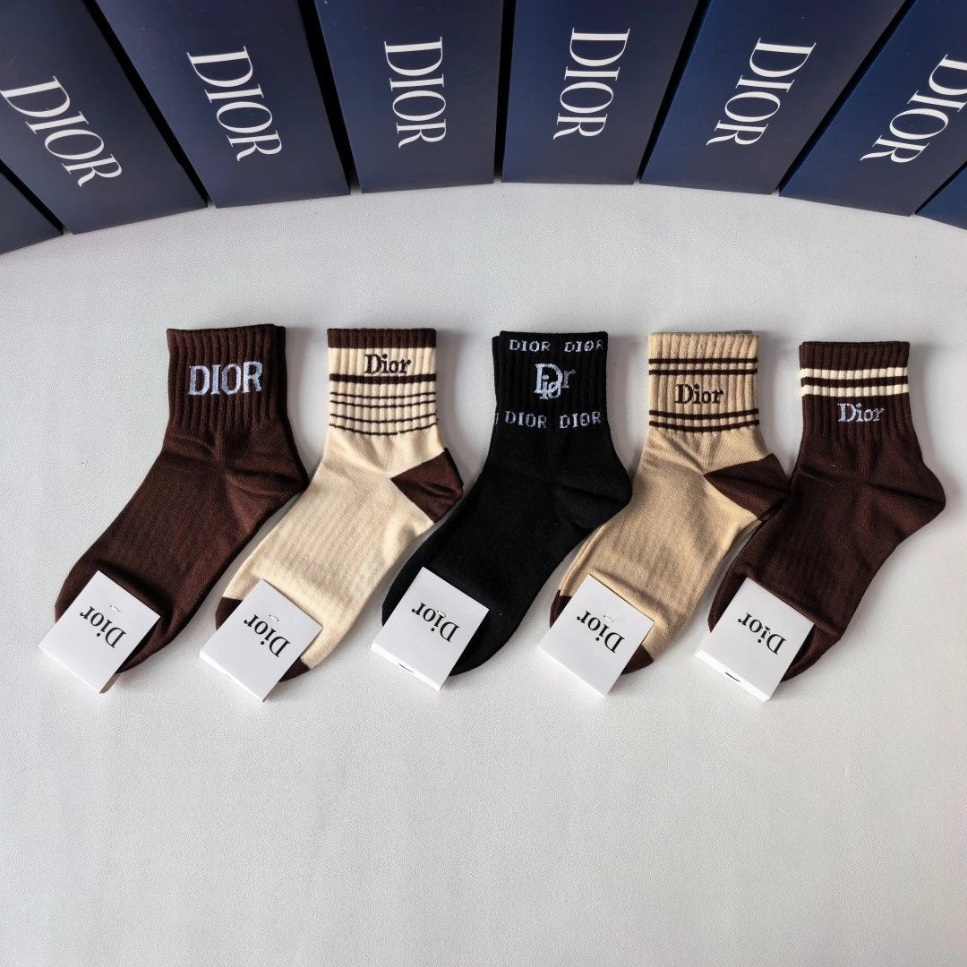 Dior Sock 【Five Pairs Per Box】Classic Letters logo Pure Cotton Mid-Calf Slouch Socks Breathable Fashionable25ss New Cotton Socks Spring Summer Autumn Sports Casual Versatile Business Thin Deodorant Sweat-Absorbing