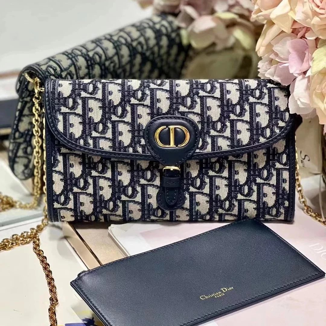 Dior Women's Bag Top version 【Original Genuine Goods Leather】2023D Ao BobbyEast-West Chain Handbag WOC Envelope Package Wallet Wallet Clutch Chain Bag in Blue Oblique Elaborate Printing Fabric bobby Bag