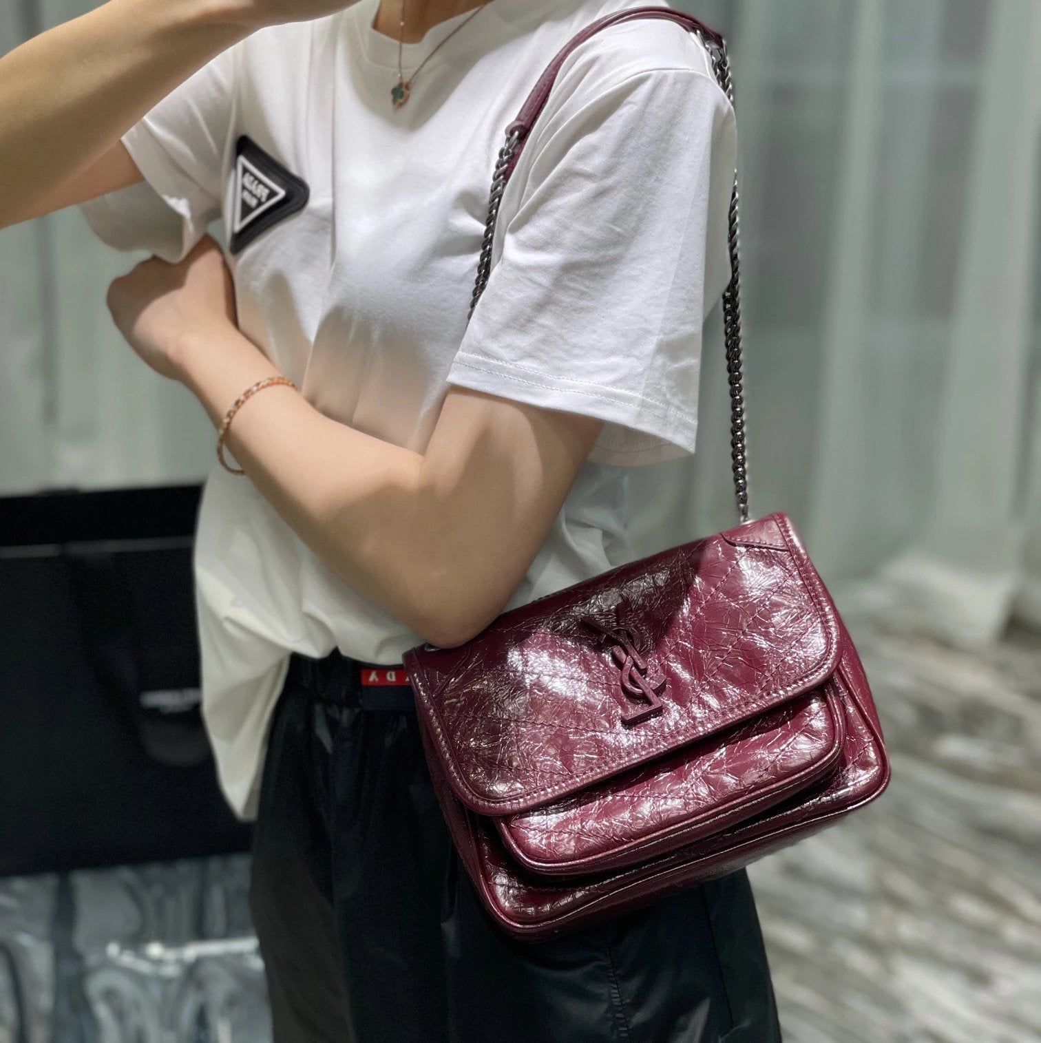 YSL Women's Bag Top version 【Premium Version】Classic hot selling product nikibaby_New Version Latest Color Matching niki Bag Fluorescent Green Barbie Pink Hobo Bag Shoulder Bag Messenger Bag New Niki Women's Bag New Version D Buckle Adjustment niki Medium