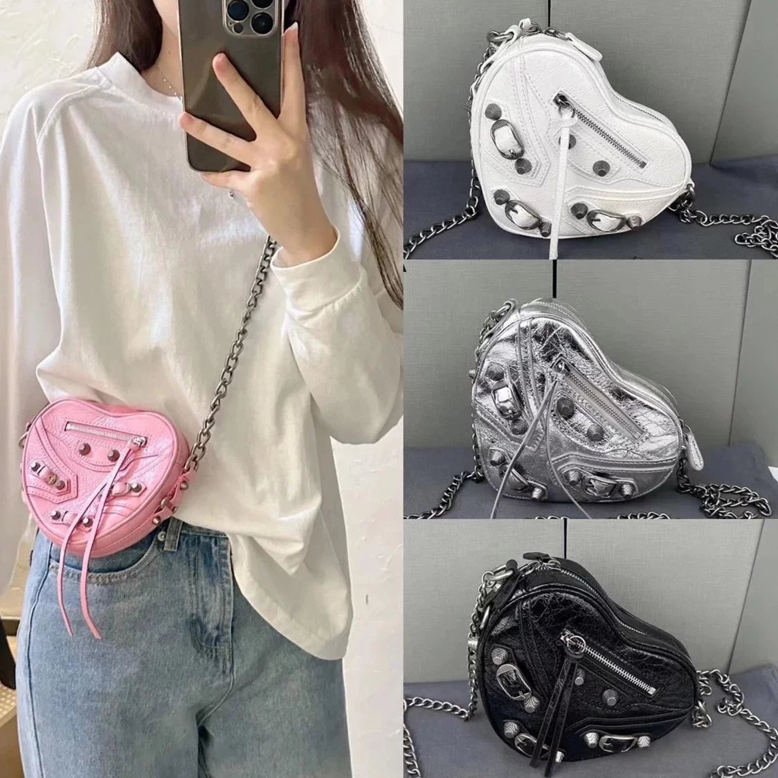 Balenciaga Bag Top version gαArenaLeCagoIe Rivet Heart Bag Motorcycle Bag Sheepskin Shoulder Crossbody Chain Bag Coin Purse Lipstick Pack Paris New Heart Bag