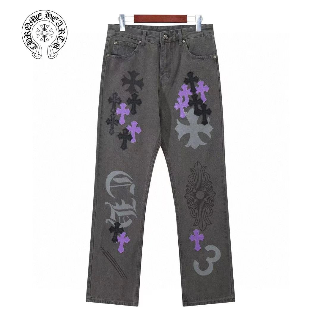 Chrome Hearts Jeans Purple Cow Spray Painting Graffiti Print logo25ss Spring Summer New Straight Leg B Men's and Women's Slim Fit Jeans, Loose Fit, Unisex, Long Pants