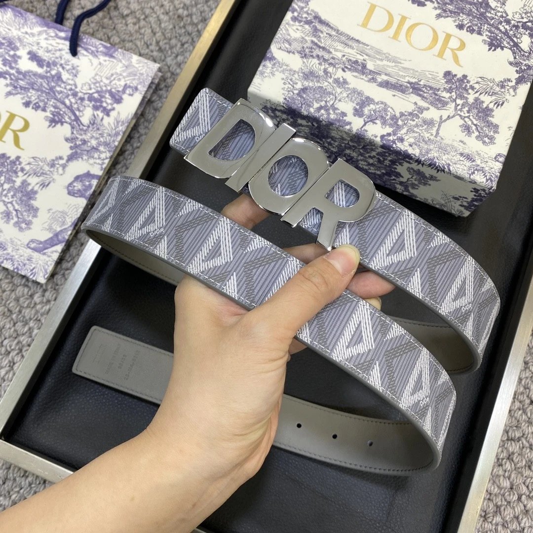 Dior Belt Top version Original Single Original Single Men and Women Universal Belt Width3.5cm Genuine Goods Quality Counter Full Set of Packaging Original Leather Material Classic Presbyopic Full Printed Canvas Full Vertical Surface Calfskin Lychee Patter