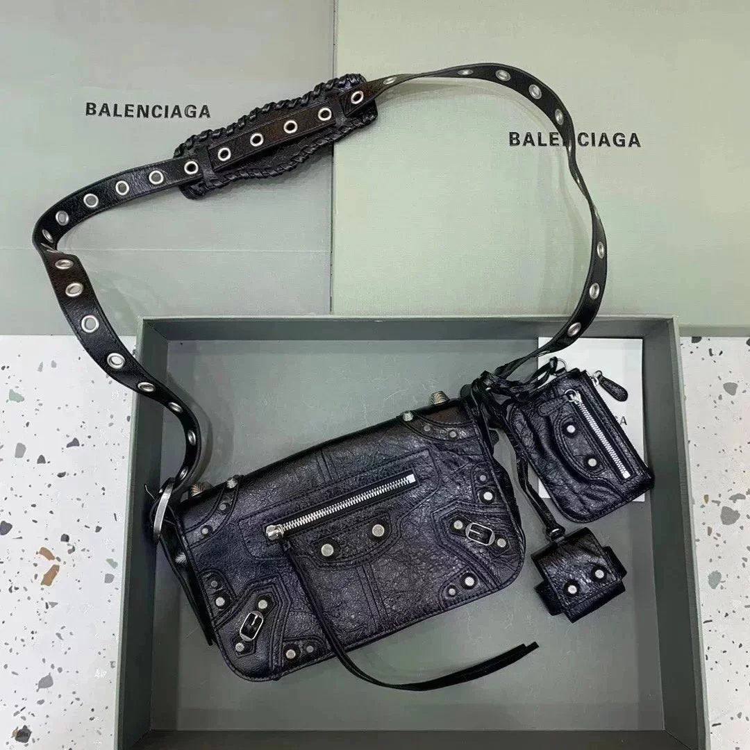 Balenciaga Bag Top version 【Original Leather】New Motorcycle Bag Jay Chou Same Style Hot Motorcycle Bag Men's Small Messenger Bag Rivet Bag Mobile Phone Bag Camera Bag Shoulder Bag Comes with Small Ornaments and Card Bag Men's and Women's Bags Storage Bag