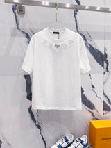 PRADA T-shirt Curved Letter Embroidery LOGO Triangle Logo Iron Badge Round Neck Short Sleeve Pure Cotton Unisex T T-shirt OS Loose Fit Casual T-Shirt