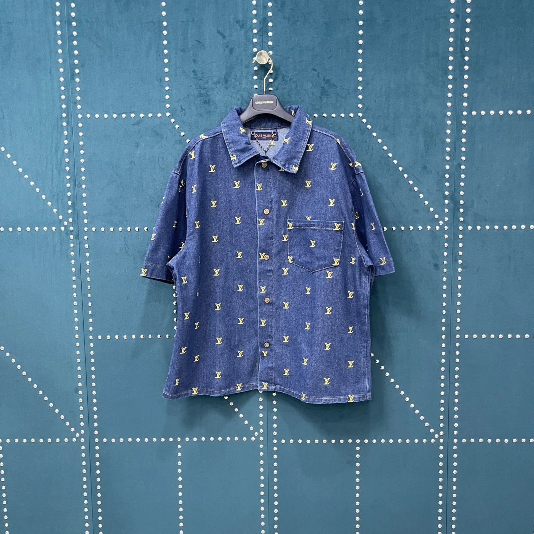 Louis Vuitton LV Shirt Fully Embroidered Gold Small logo Shijia Turn-down Collar Short Sleeve Shirt Versatile Business Unisex Casual Slim Fit Jacket