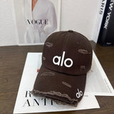 Alo Yoga Hat Classic Distressed Letters logo Baseball Cap Sunshade Sun Protection Duckbill Cap Large Head Circumference Slimming Face Curved Brim Versatile Sports Hat for Men and Women Couples Same Style