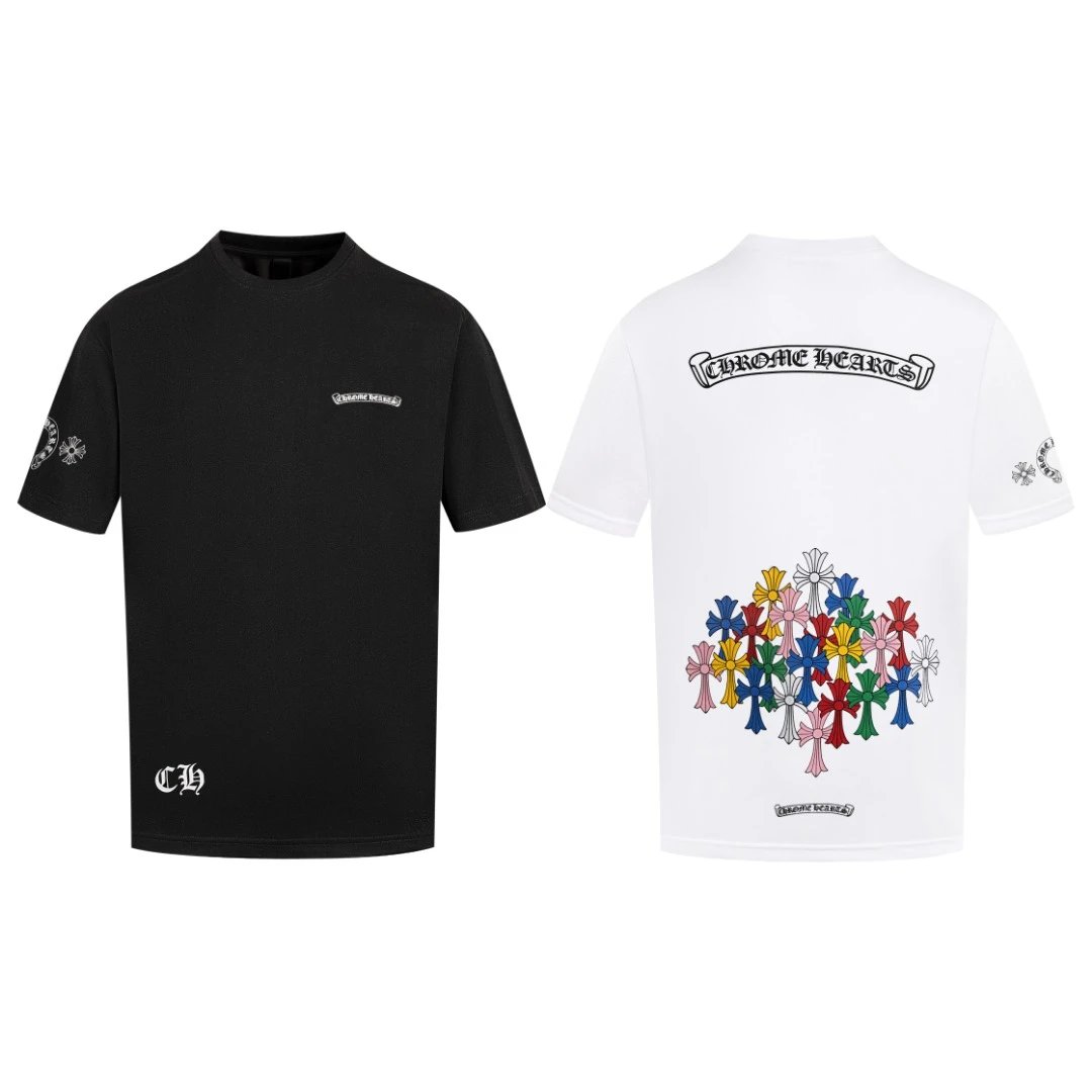 Chrome Hearts T-shirt Back Colorful Print logo round Neck Short Sleeve25ss New Pure Cotton Unisex Style T T-shirt OS Loose Fit Base Shirt Half Sleeve T-Shirt Top Half Sleeve