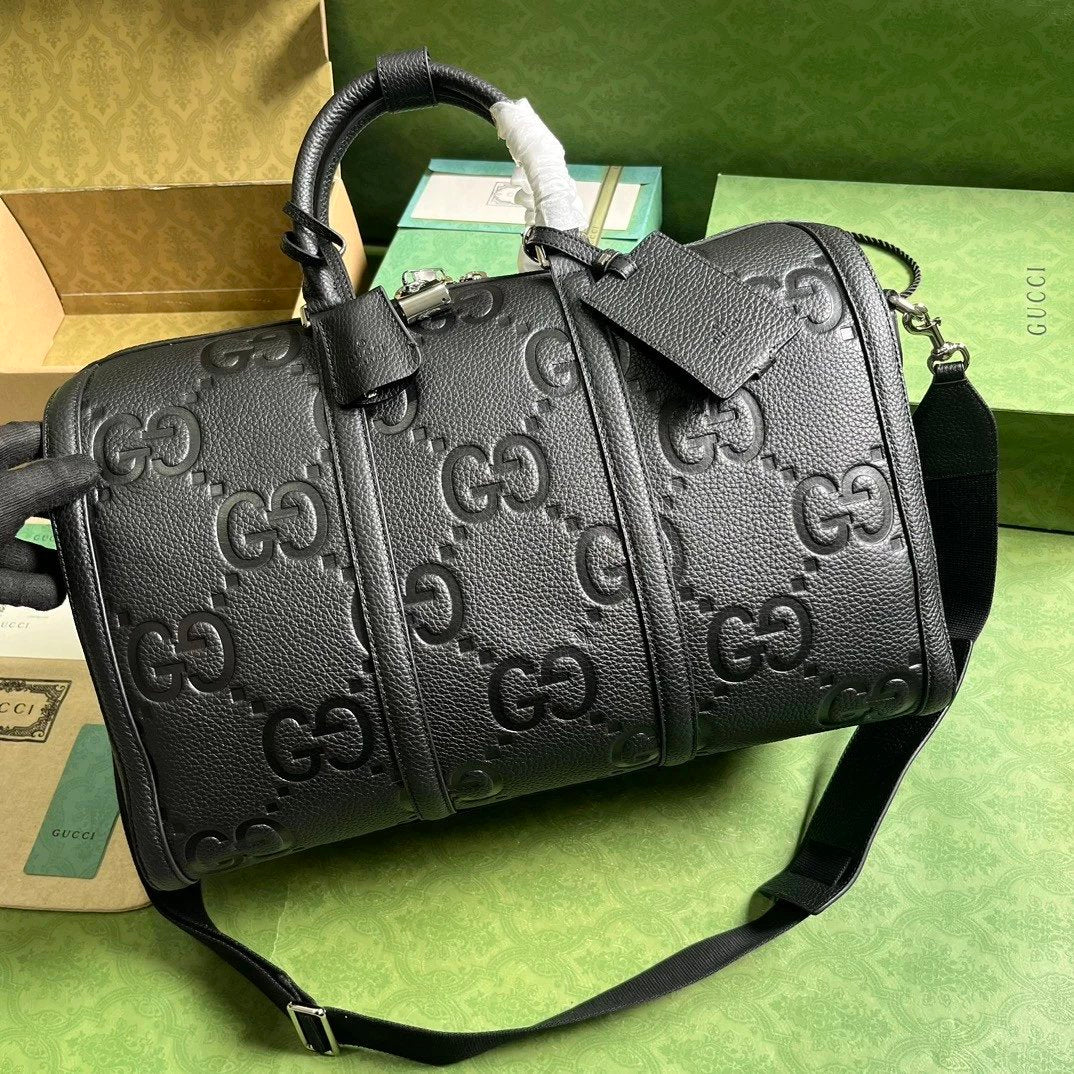 Gucci Tote Bag/Briefcase/Travel Bag Top version 【**Customization】23New Ophidia Brand New Super Double G Series Travel Bag Black Cowhide Embossed Original Leather Business Traveling Luggage Bag Travel Bag45cm Model：725282