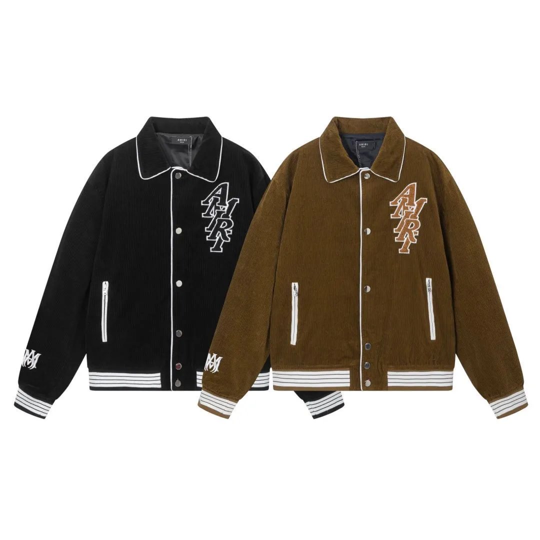 Amiri Jackets Coat 2024Autumn and Winter New Corduroy Letter Embroidered Lapel Baseball Uniform Men and Women Same Style