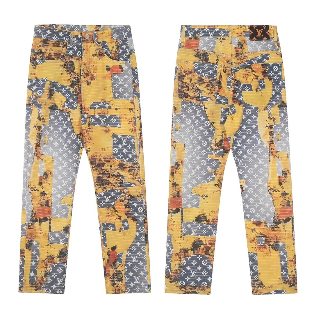 Louis Vuitton LV Jeans Floral Full Print Patchwork Distressed Jeans Autumn Winter New Unisex Loose Casual Wide Leg High Waist Pants