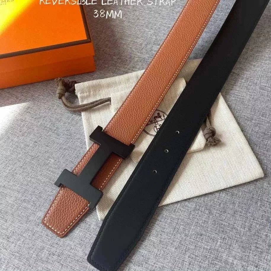 Hermes Belt Top version Men's Belt3.8CM Import togo Leather Double-Sided Lychee Pattern Can Be Used on Both Sides Belt Stainless Steel Hardware H Home Belt togo Leather belt H Belt Loop Business Casual All-Match H Buckle Belt