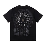 Chrome Hearts T-shirt Back Horse Hoof Sanskrit Patch with Dirty Print logo round Neck Short Sleeve25ss New Pure Cotton Unisex Style T Casual T-Shirt Base Layer Shirt OS Loose Fit Half Sleeve Top Plus Size