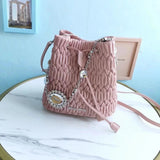 Miu Miu Bag Top version Diamond Bucket Bag2022New Drawstring Bucket Bag9K Glass Stone Crystal Drill Chain5BE050New Crystal Chain Bucket Bag Imported Matelasse Lambskin Classic Embossed Small Flower Removable Metal Imitation Crystal Chain and Leather Lengt