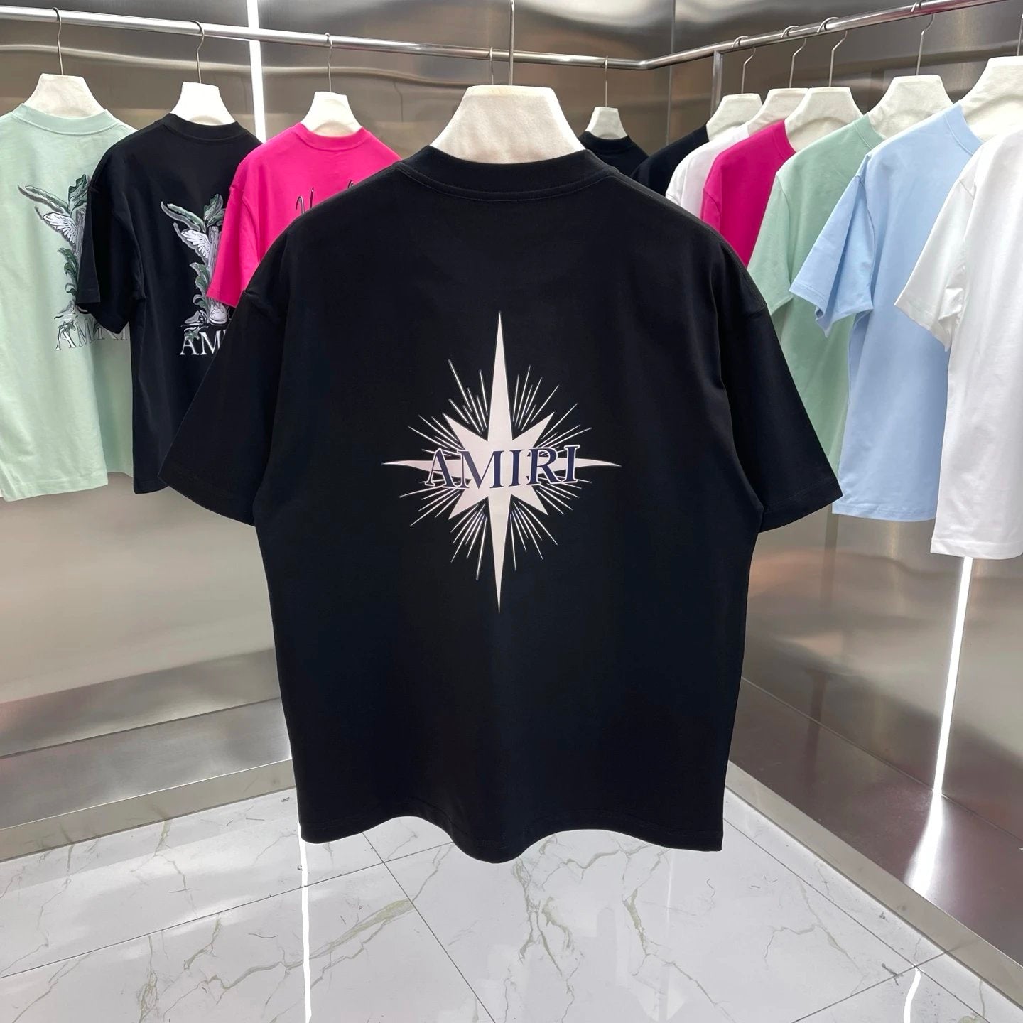 Amiri T-shirt Star Pattern Print on Back logo round Neck Short Sleeve25ss New Pure Cotton Unisex Style T T-shirt OS Loose Fit Base Shirt Half Sleeve T-Shirt Top Half Sleeve