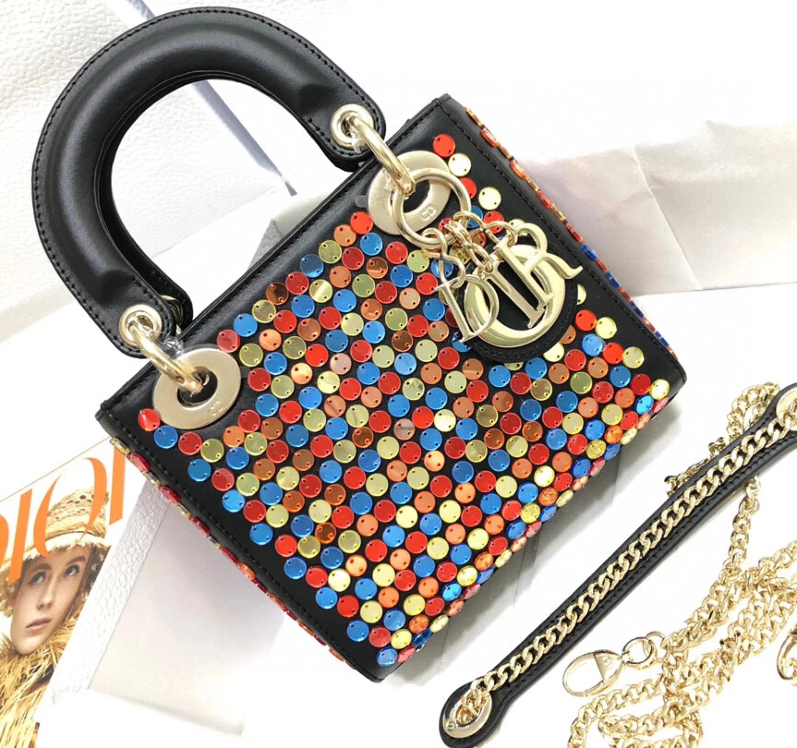 Dior Women's Bag Top version Version ladymini Three-Grid Embroidered Colorful Sequin Diana Bag Handbag Shoulder Bag Messenger Bag Women's Bag