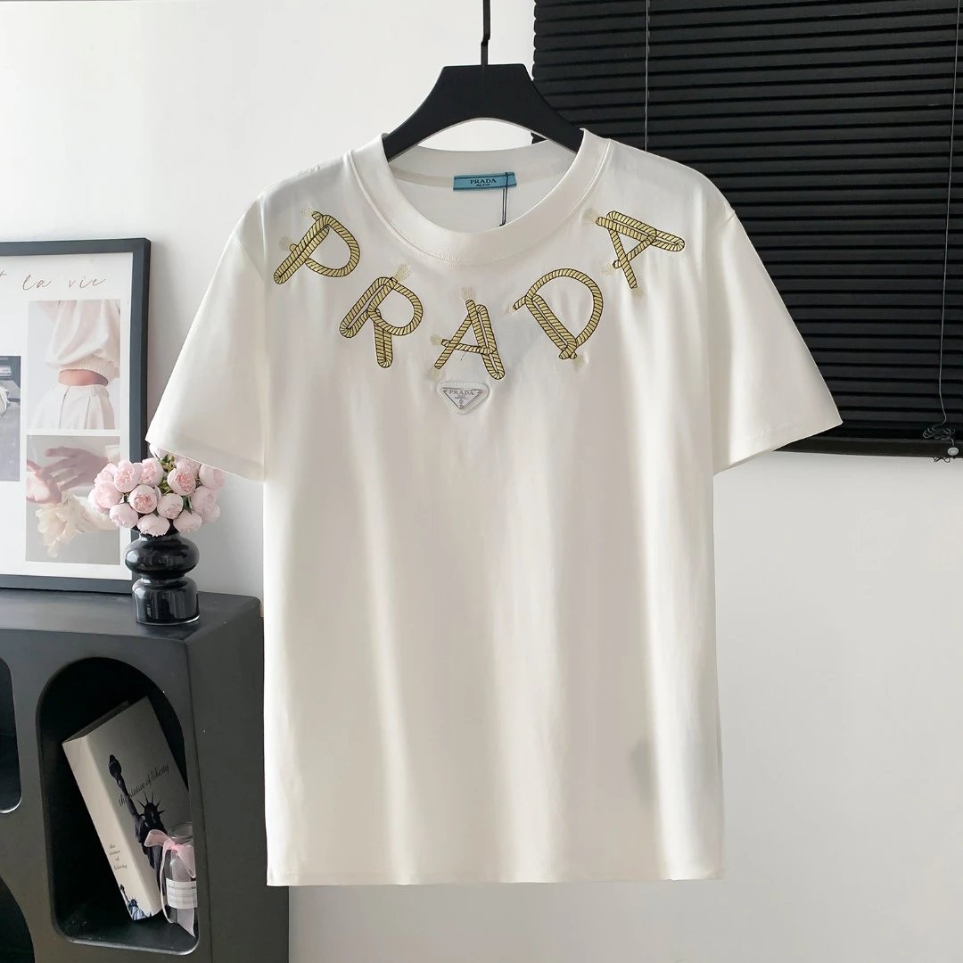 PRADA T-shirt Chest Brand Letter Embroidery logo round Neck Short Sleeve25ss New Pure Cotton Unisex Style T T-shirt OS Loose Fit Base Shirt Half Sleeve T-Shirt Top Half Sleeve