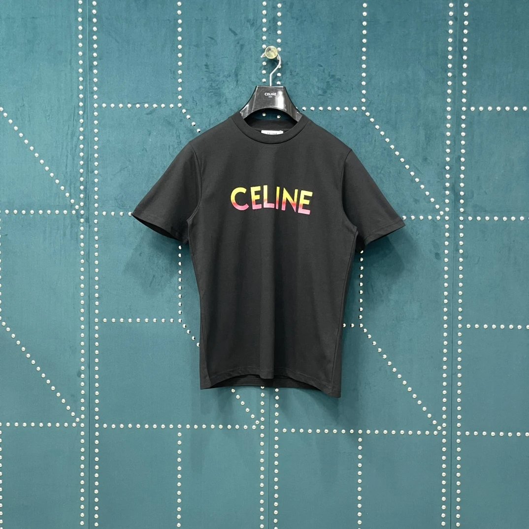 Celine T-shirt Gradient Letter Print on the Chest logo round Neck Short Sleeve25ss New Pure Cotton Unisex Style T Casual T-Shirt Base Layer Shirt OS Loose Fit Half Sleeve Top Plus Size