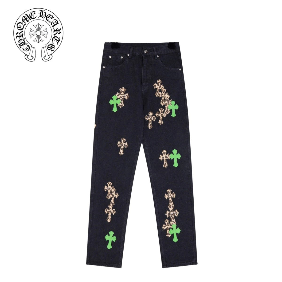 Chrome Hearts Jeans Front and back leopard print patchwork leather logo25ss Spring Summer New Straight Loose Slim Fit Jeans Unisex Long Pants